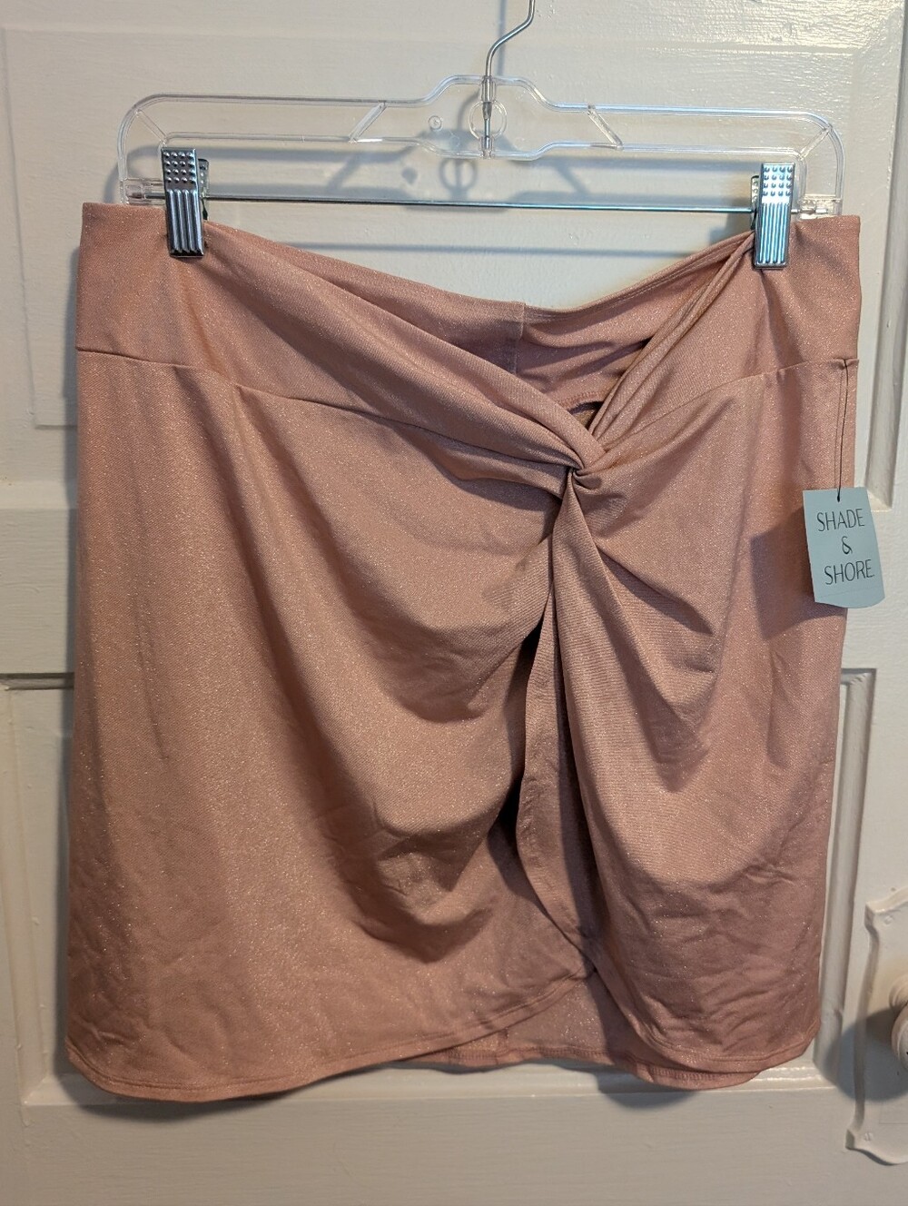 NWT Sparkly Resortwear Shimmer Pale Pink Twist-Front Mini Skirt Swimsuit Cover